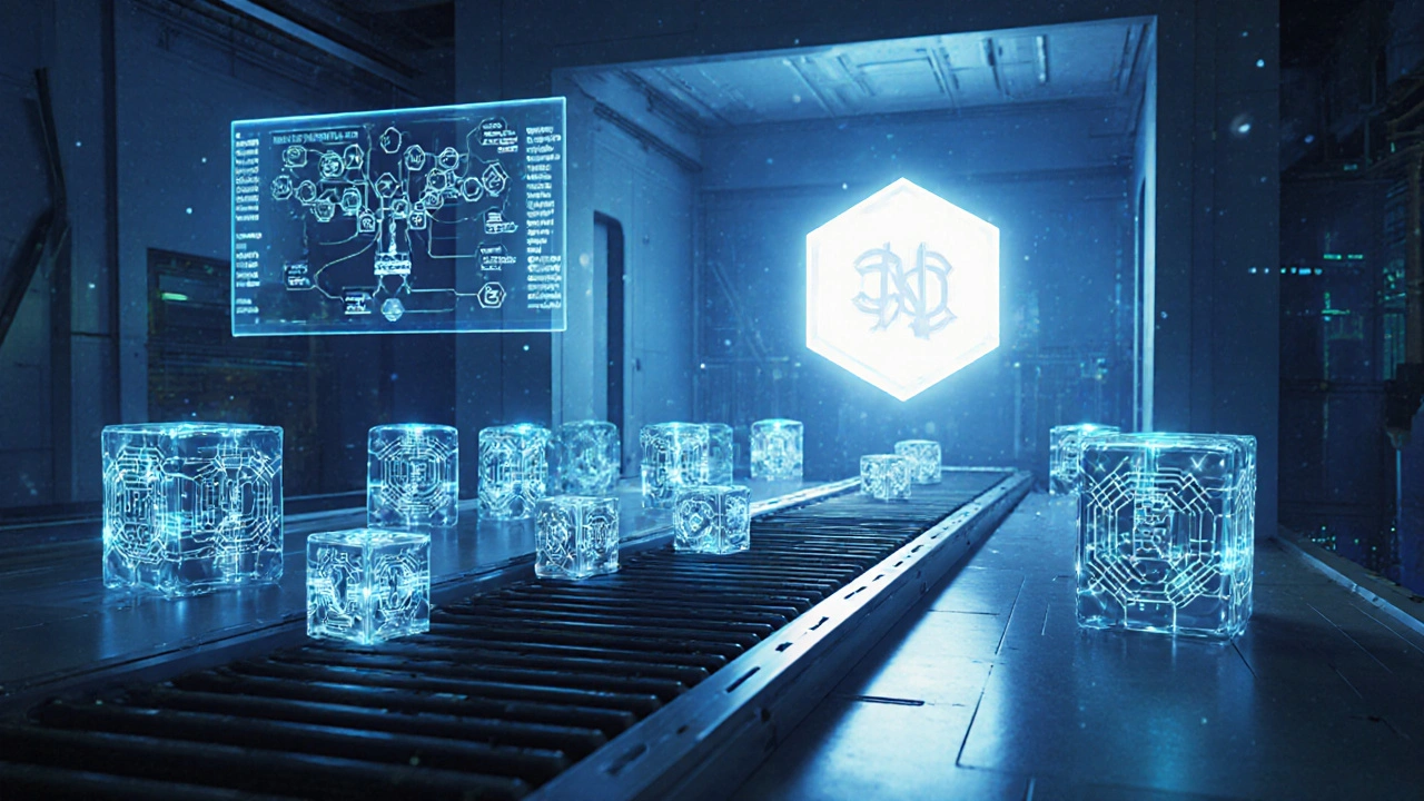 Futuristic factory where many transaction cubes merge into a single glowing proof node.