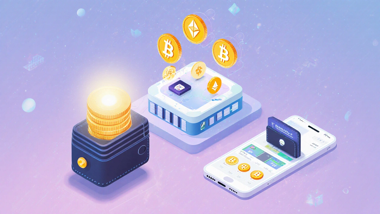 Hardware wallet, exchange UI, and DeFi wallet each displaying various crypto tokens.