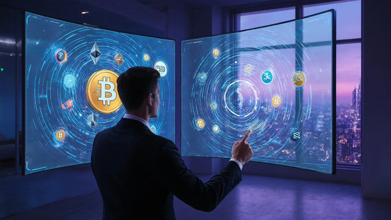 Investor adjusts holographic crypto icons on three futuristic screens.