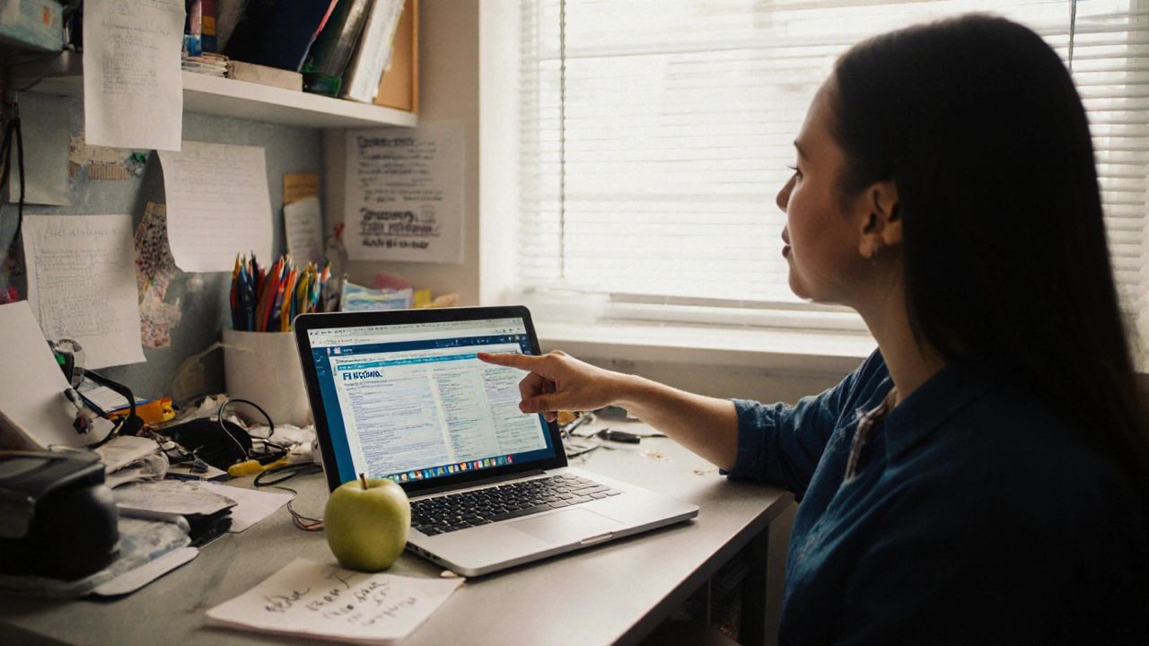 A coach and student at a desk, reviewing college forms with an apple and note on the table.