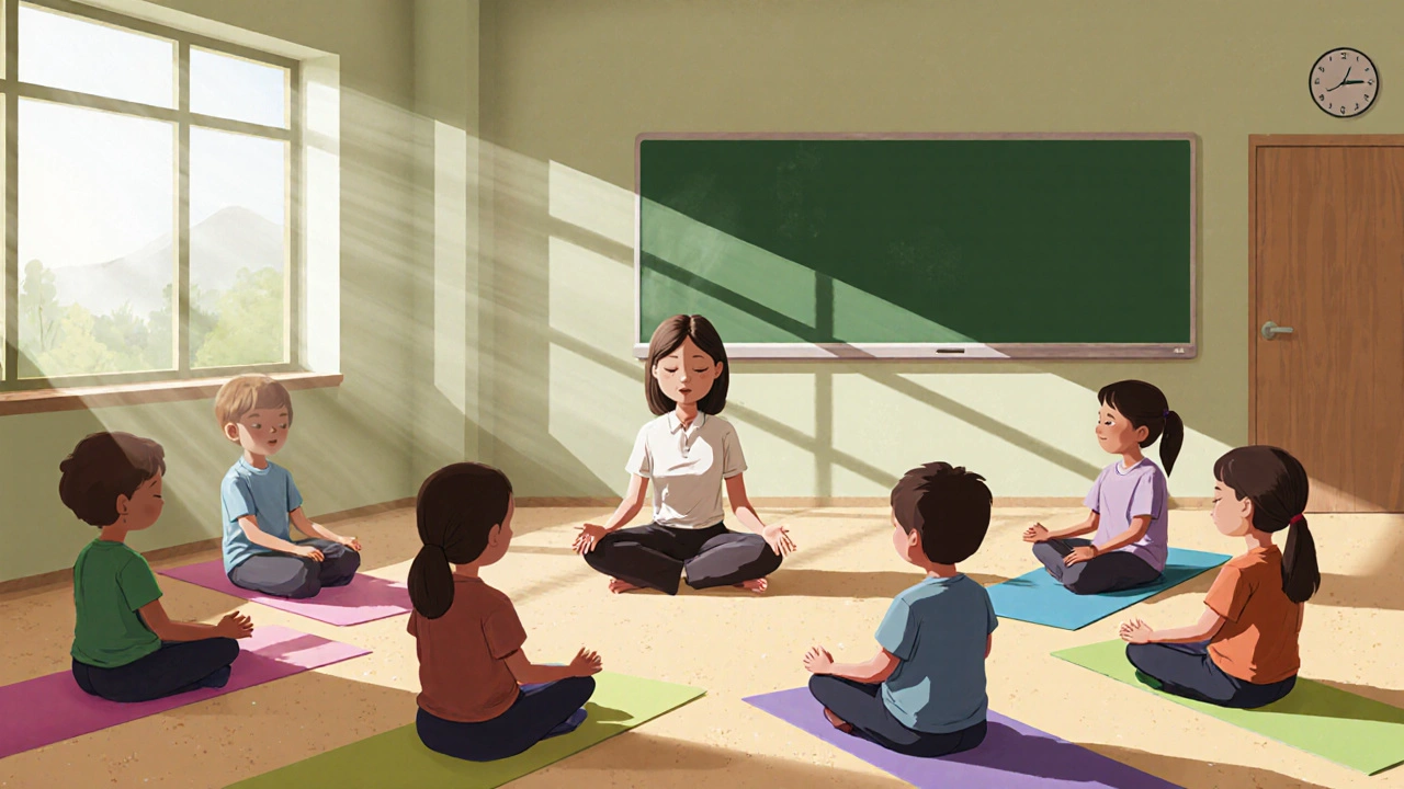 Classroom mindfulness session with teacher guiding students in a calm, warm setting.
