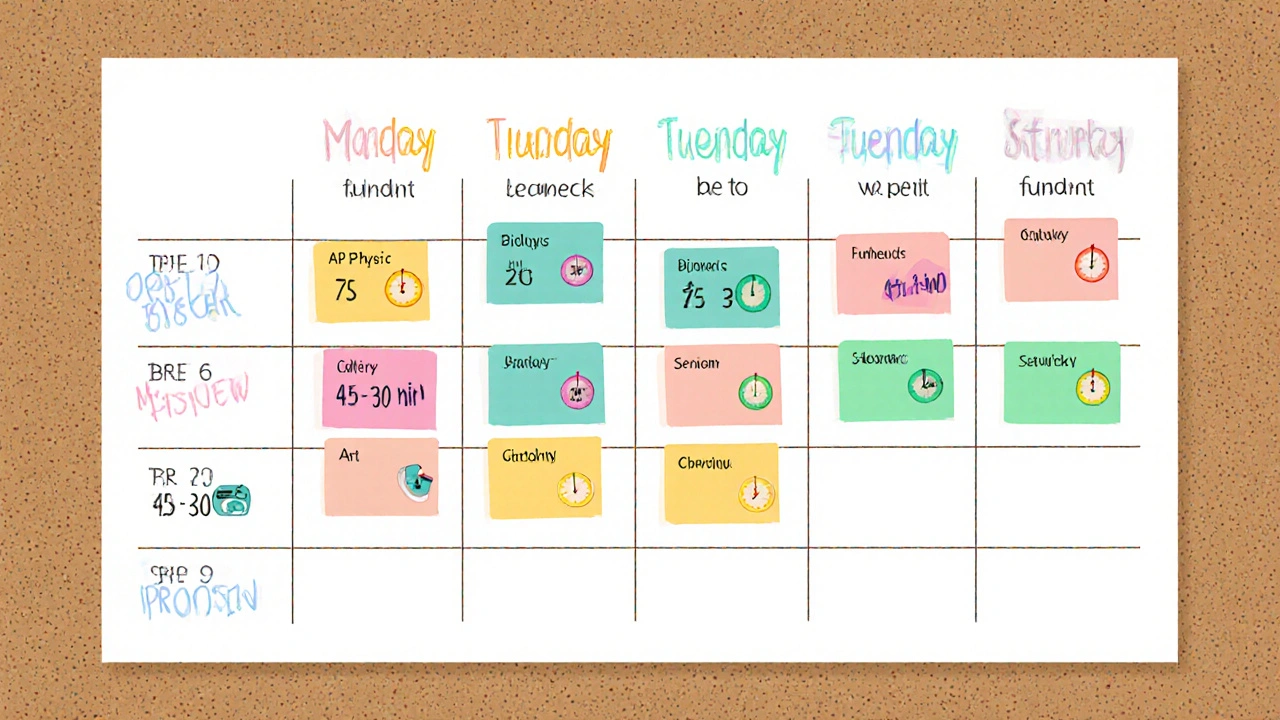 Colorful illustration of a weekly study schedule using Pomodoro blocks for different subjects.