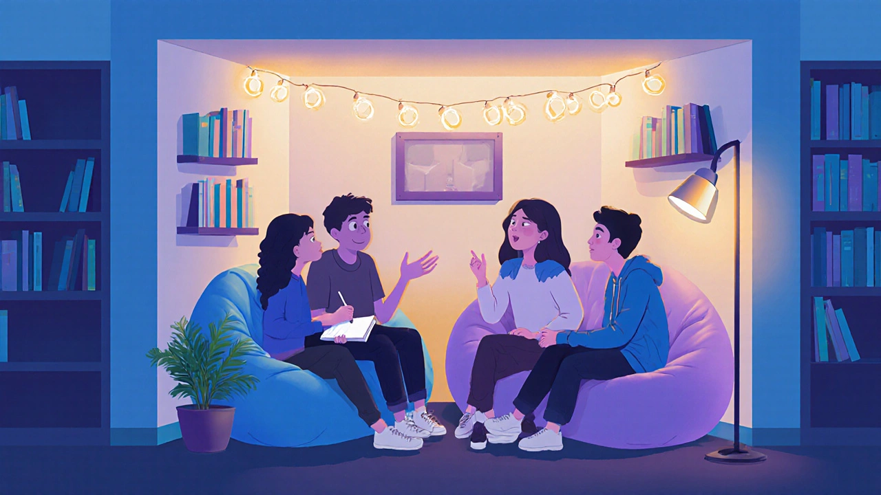 Cozy wellness corner with students discussing, soft lighting and calming decor.