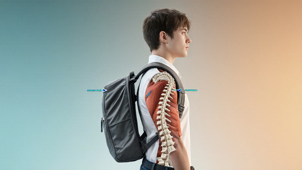 Cutaway illustration showing equal load distribution on a teen's shoulders and spine.