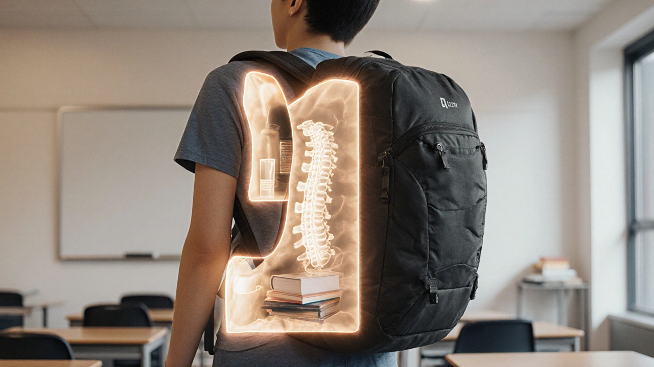 Cutaway view of a teen wearing an ergonomic backpack with padded straps and internal compartments.