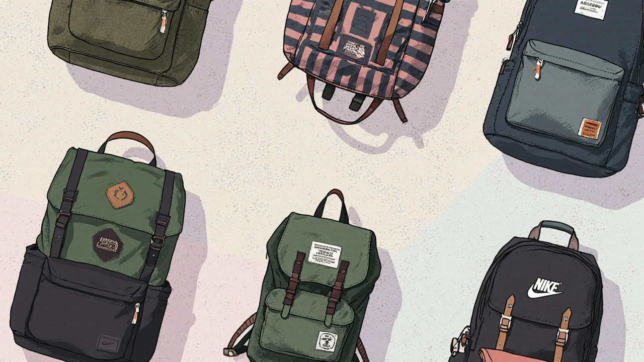 Flat‑lay display of six popular high‑school backpacks with distinct brand designs.