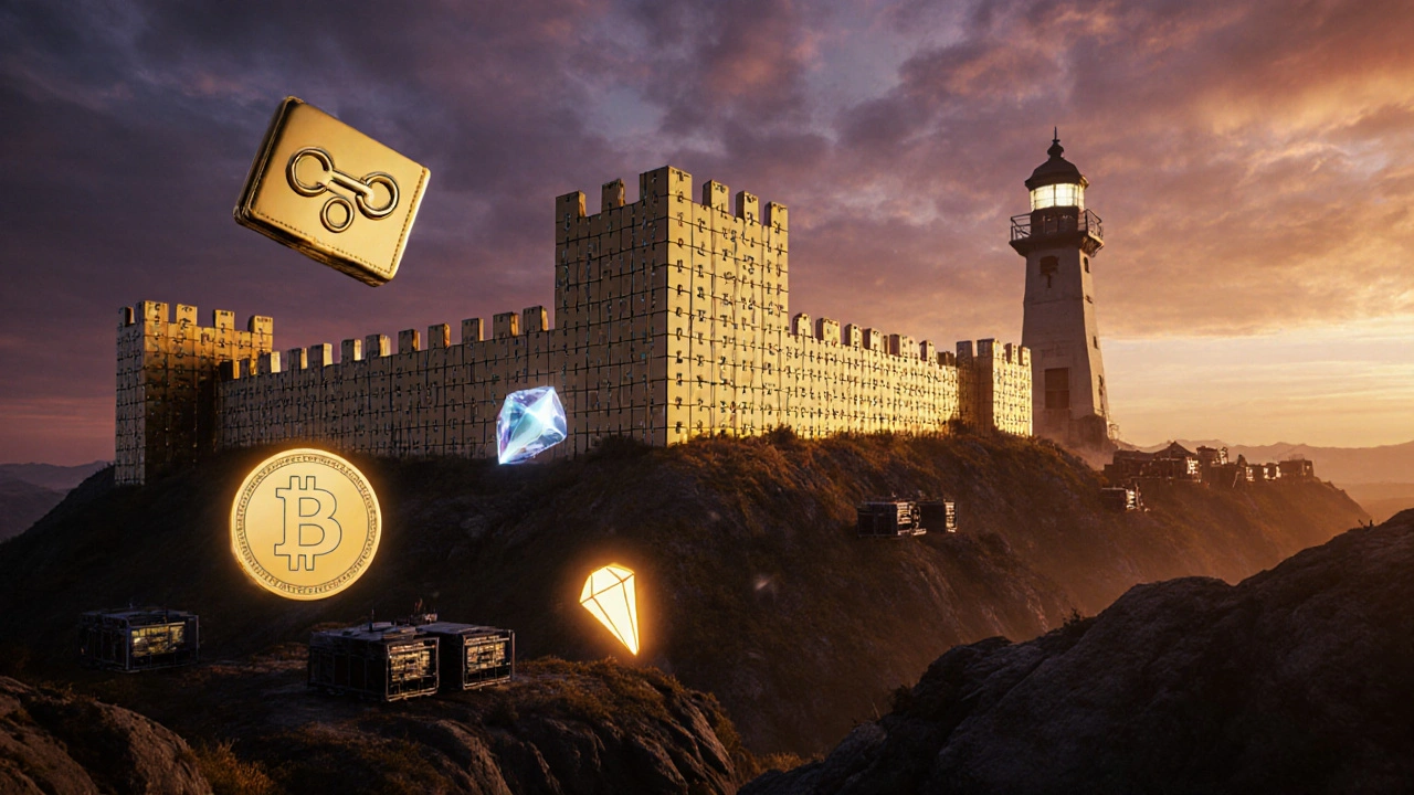 Fortified blockchain fortress with defense symbols like multi‑sig wallet and PoS crystal.