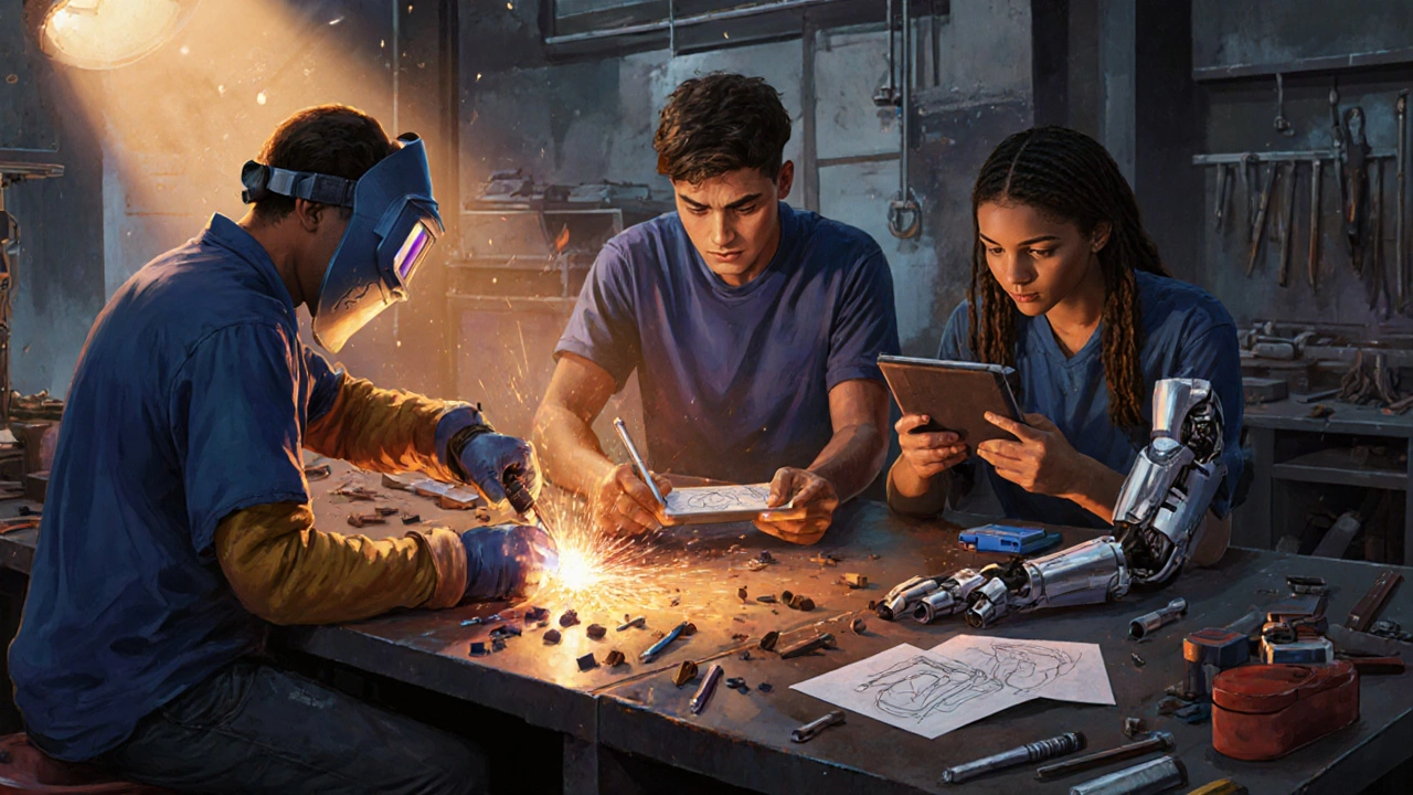 High school students working together in a welding lab, building a robotic prosthetic arm.