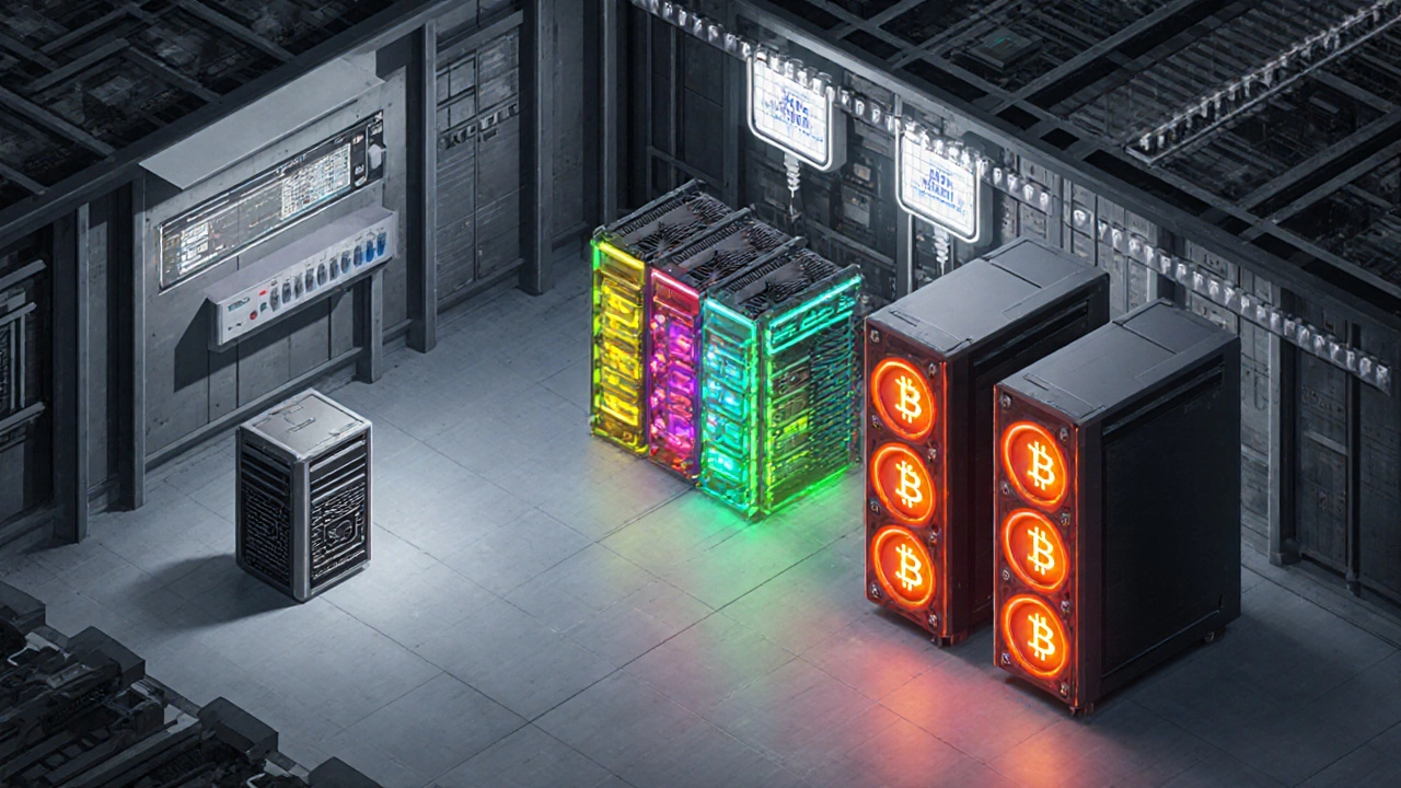 Isometric view of a warehouse showing CPU, GPU, and ASIC mining equipment.