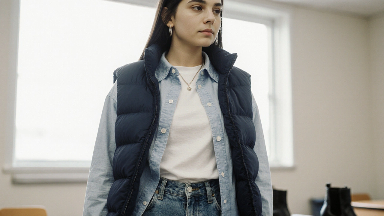 Layered outfit of tee, button-up shirt, and puffer vest with ankle boots and minimal jewelry.