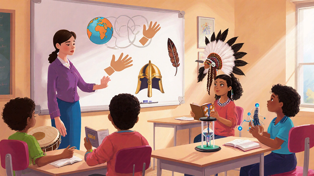 Multicultural classroom discussion with teacher and students holding cultural artifacts.