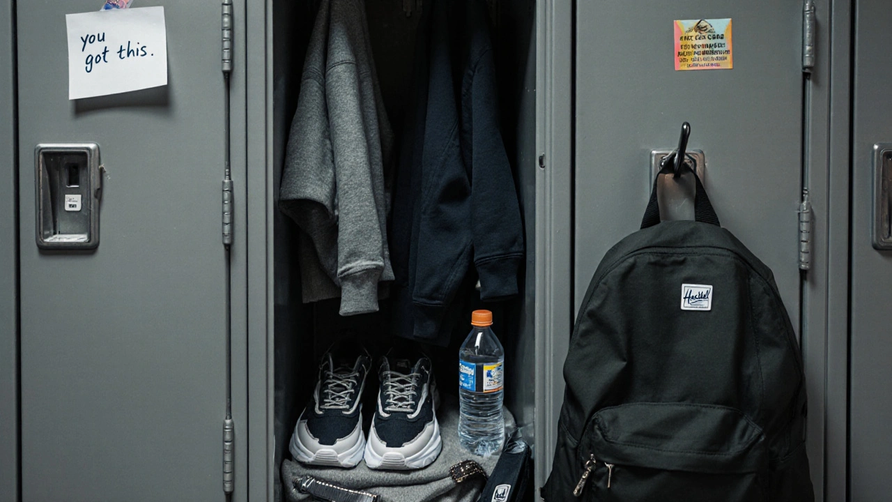 Open locker with hoodie, sneakers, and backpack, showing practical school essentials.