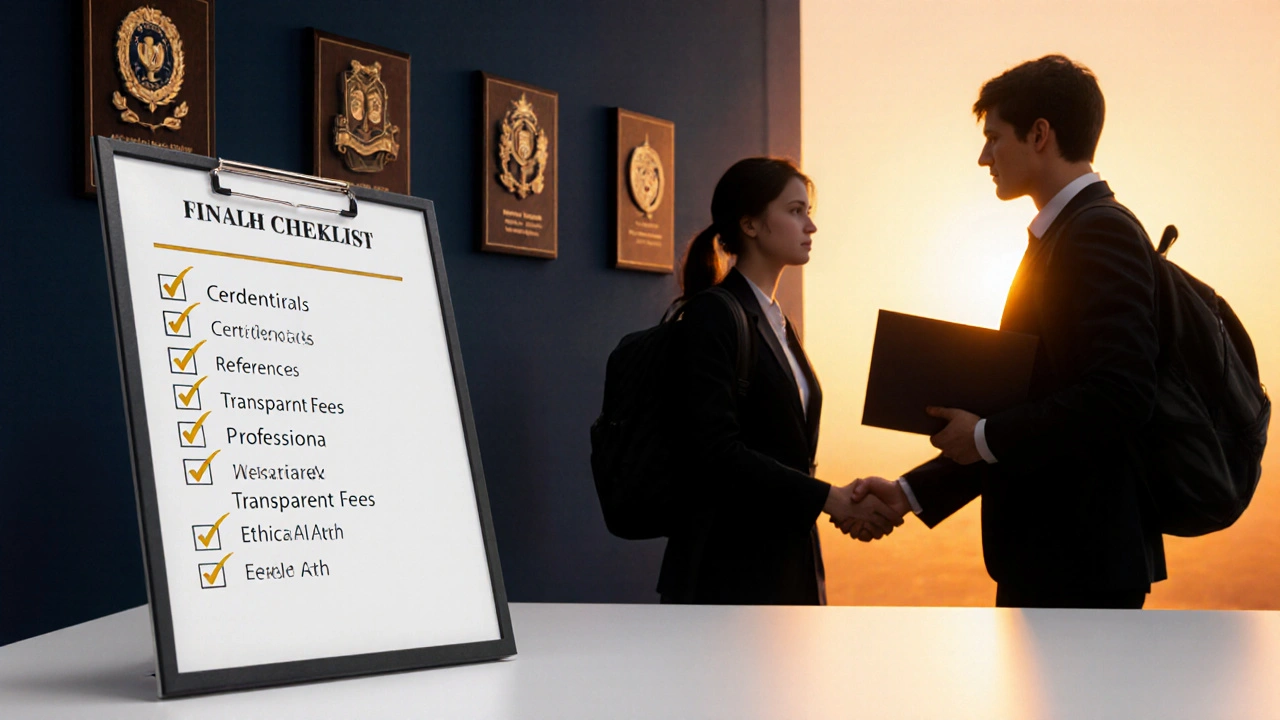 Organized desk with checklist and a handshake between student and consultant, symbolizing a trusted partnership.