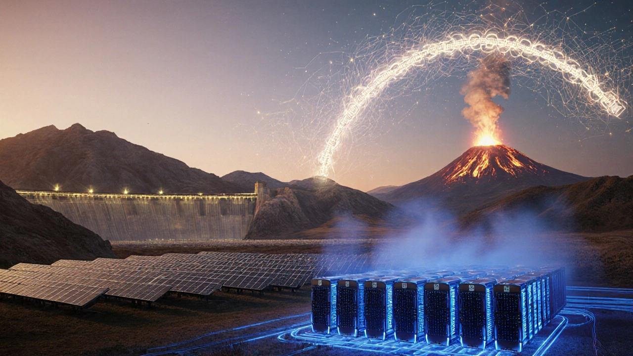 Renewable energy landscape powering a silent ASIC farm under a glowing blockchain.