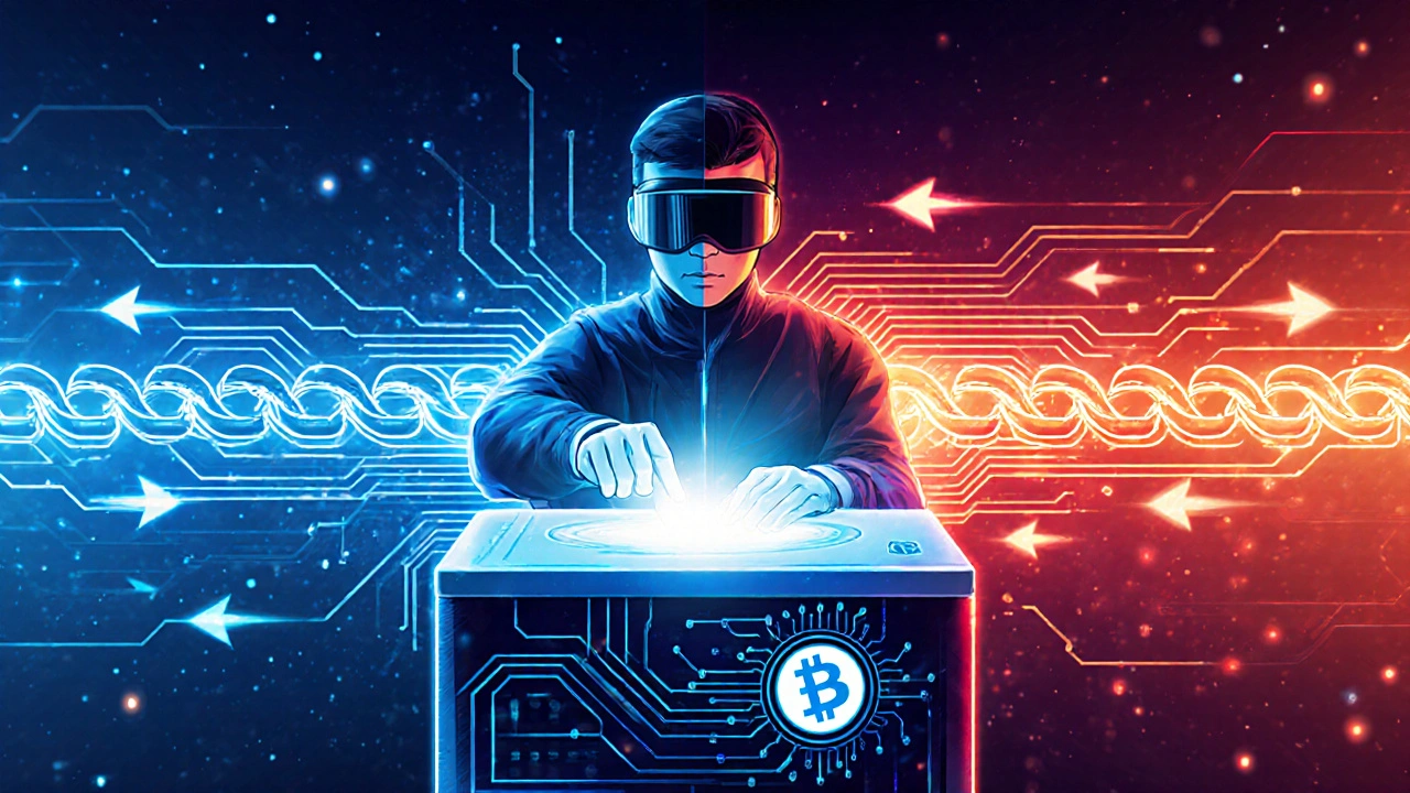 Split blockchain with a faster, glowing private fork launched by a miner.