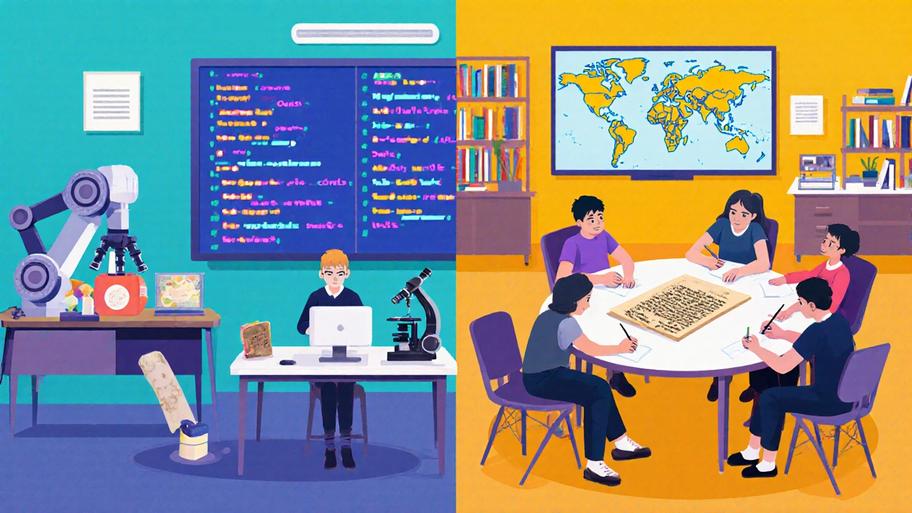 Split illustration showing a STEM lab on the left and a humanities discussion on the right.