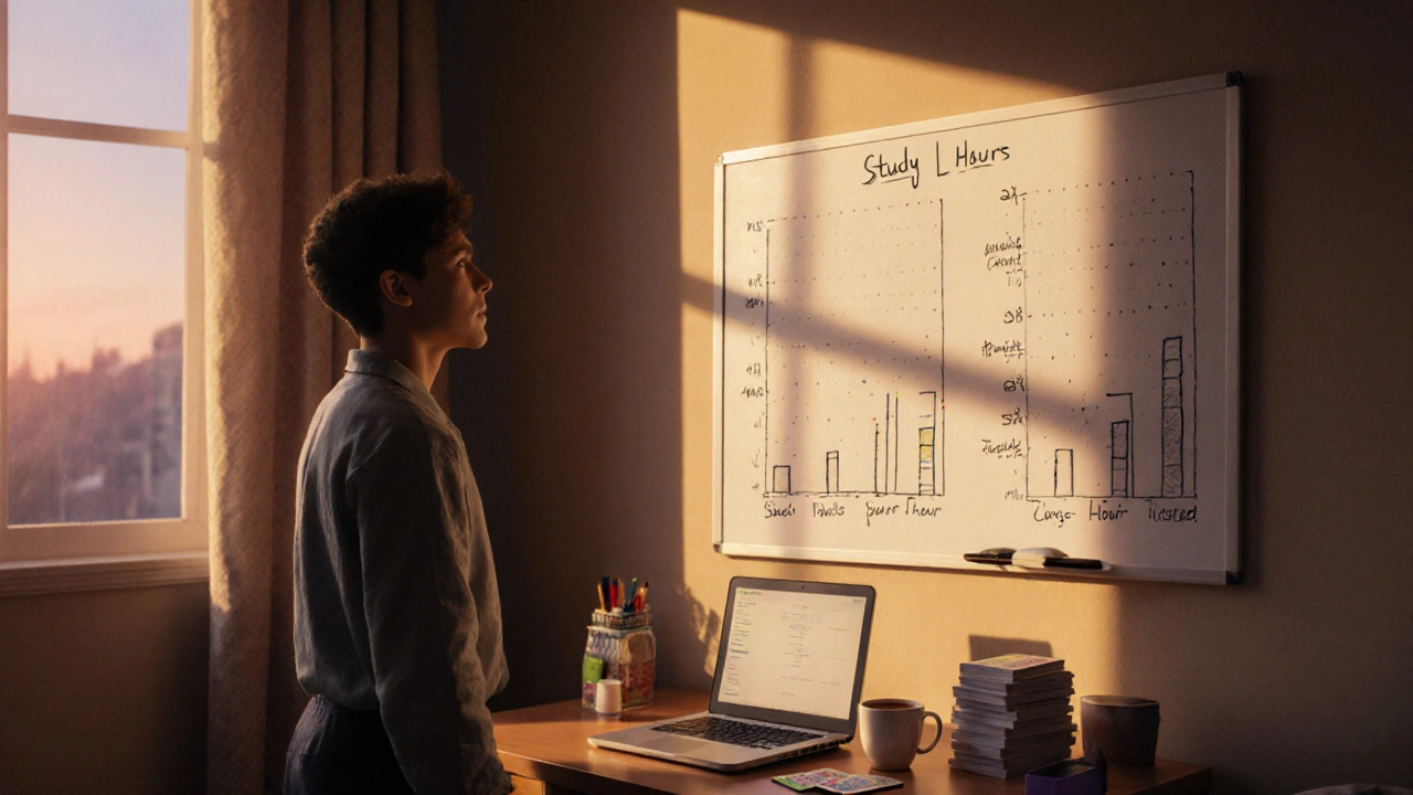 Student checking a wall chart of logged study hours in a warmly lit bedroom.