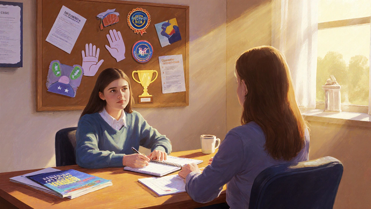 Student meeting with counselor, surrounded by college brochures and extracurricular icons.
