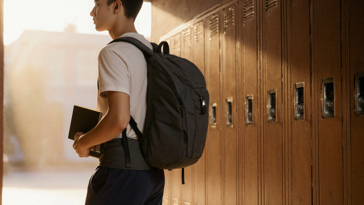 Student testing backpack fit by adjusting chest strap in a sunlit locker room.