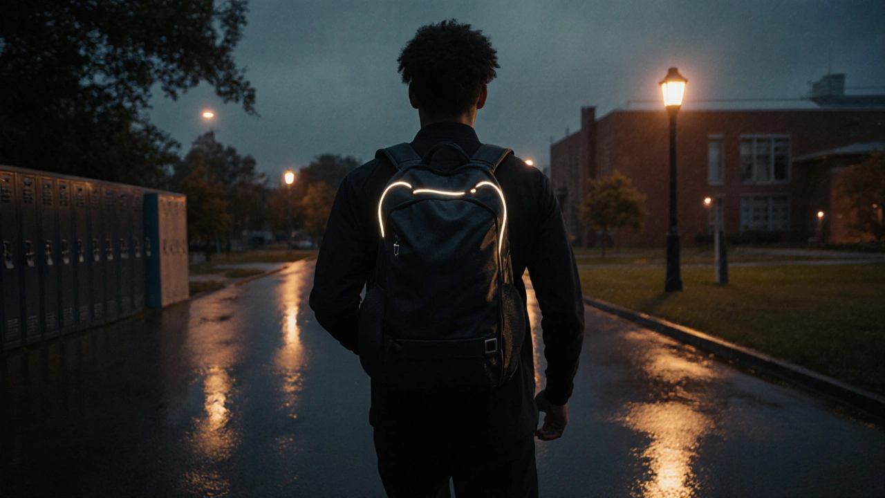 Student walking confidently in rain, wearing an ergonomic backpack that protects gear.