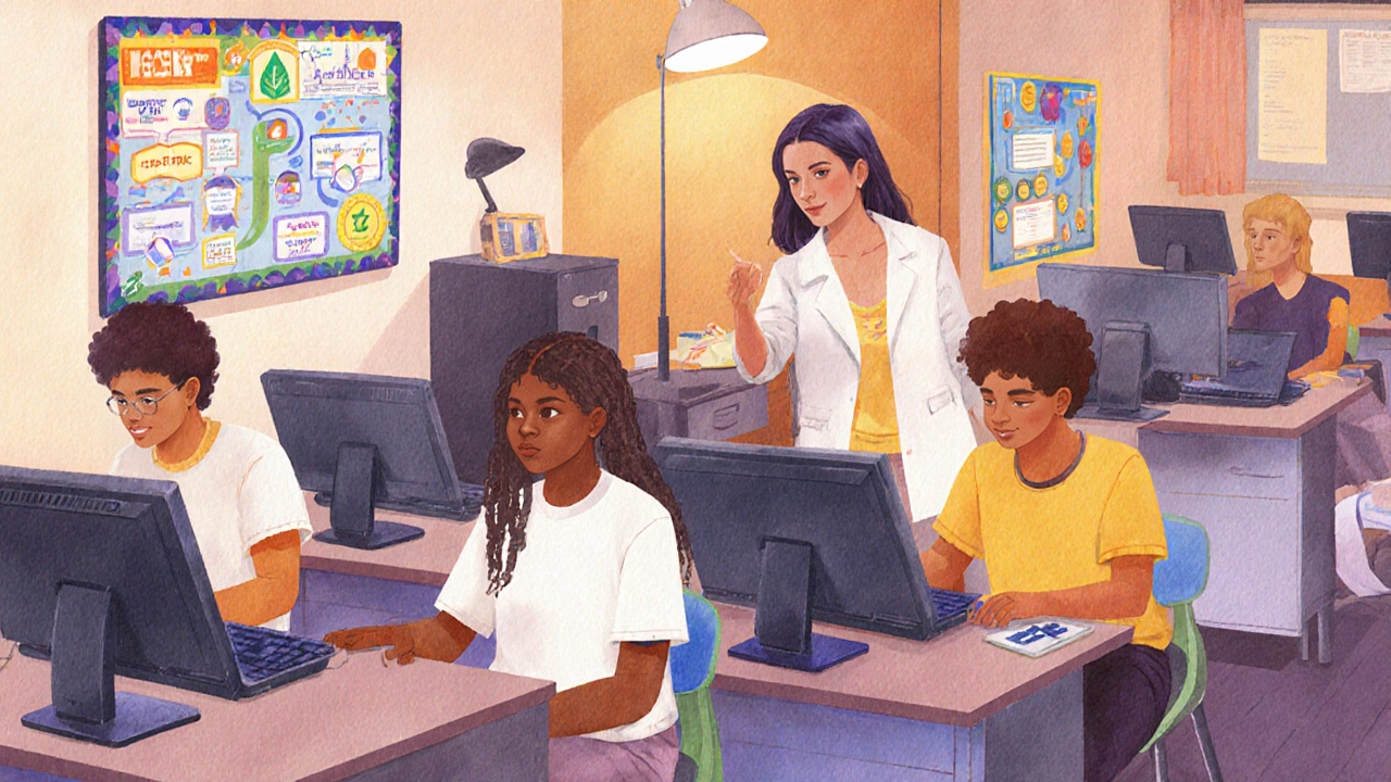 Students code in an after‑school bootcamp with a tech mentor, showcasing career pathways.