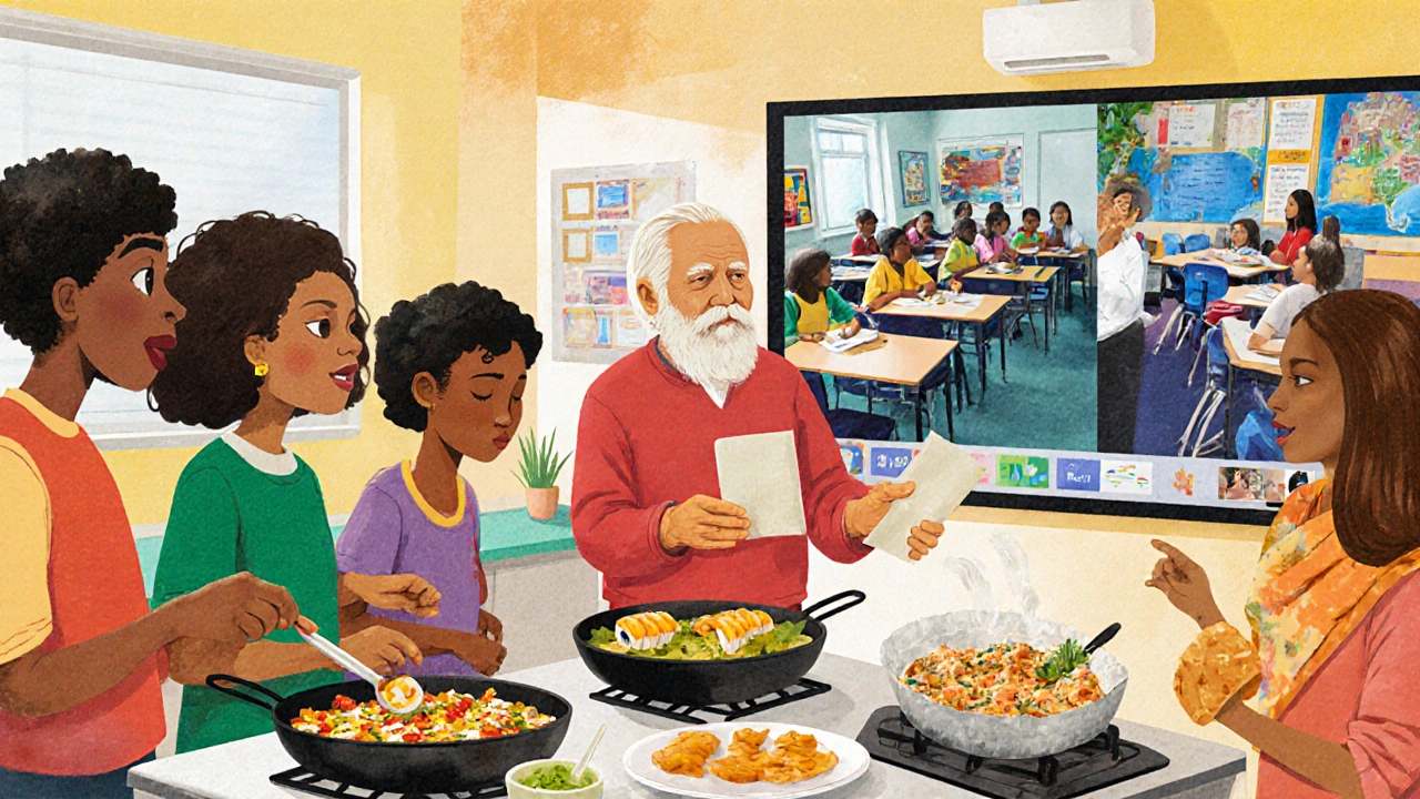 Students cooking with community elders and a virtual screen linking to another classroom.