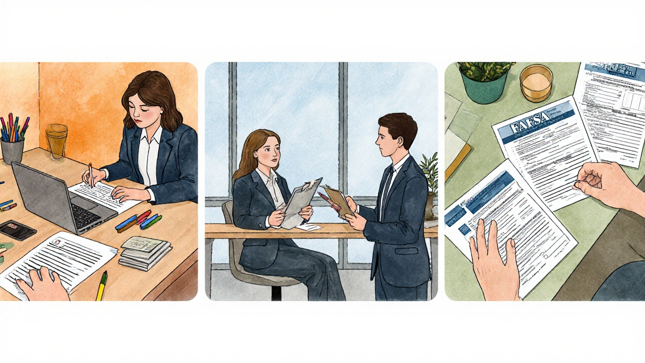 Three scenes showing essay editing, mock interview, and financial aid guidance by a consultant.