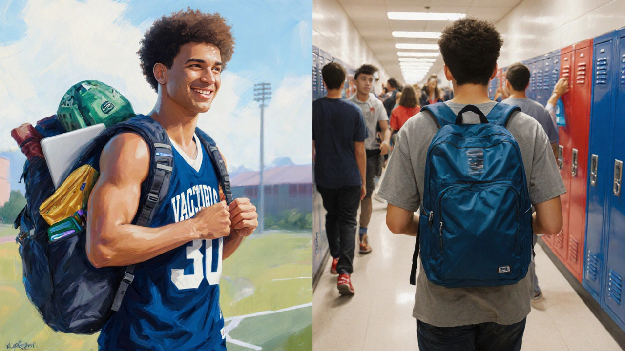 Two scenes: a varsity athlete with a large backpack and a freshman with a small backpack in a hallway.