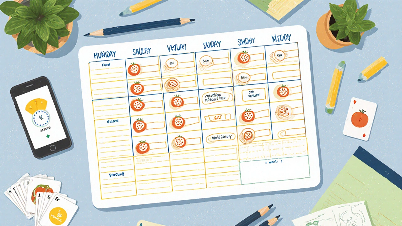 Weekly planner page showing Pomodoro icons and subjects.