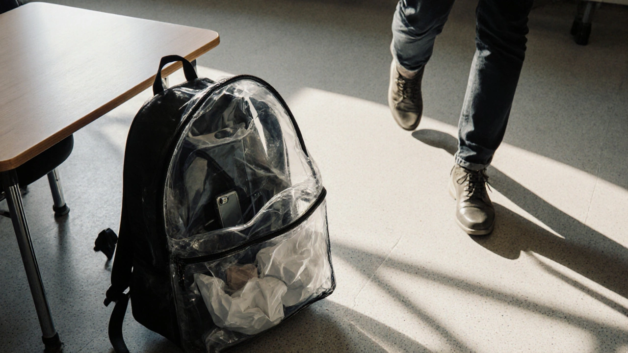 A clear backpack on the floor during an exam reveals hidden notes and a phone, with a teacher approaching.