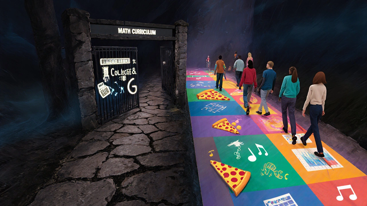 A crumbling path to a locked gate labeled &#039;Math Curriculum&#039; vs. a colorful path of real-life math tools.