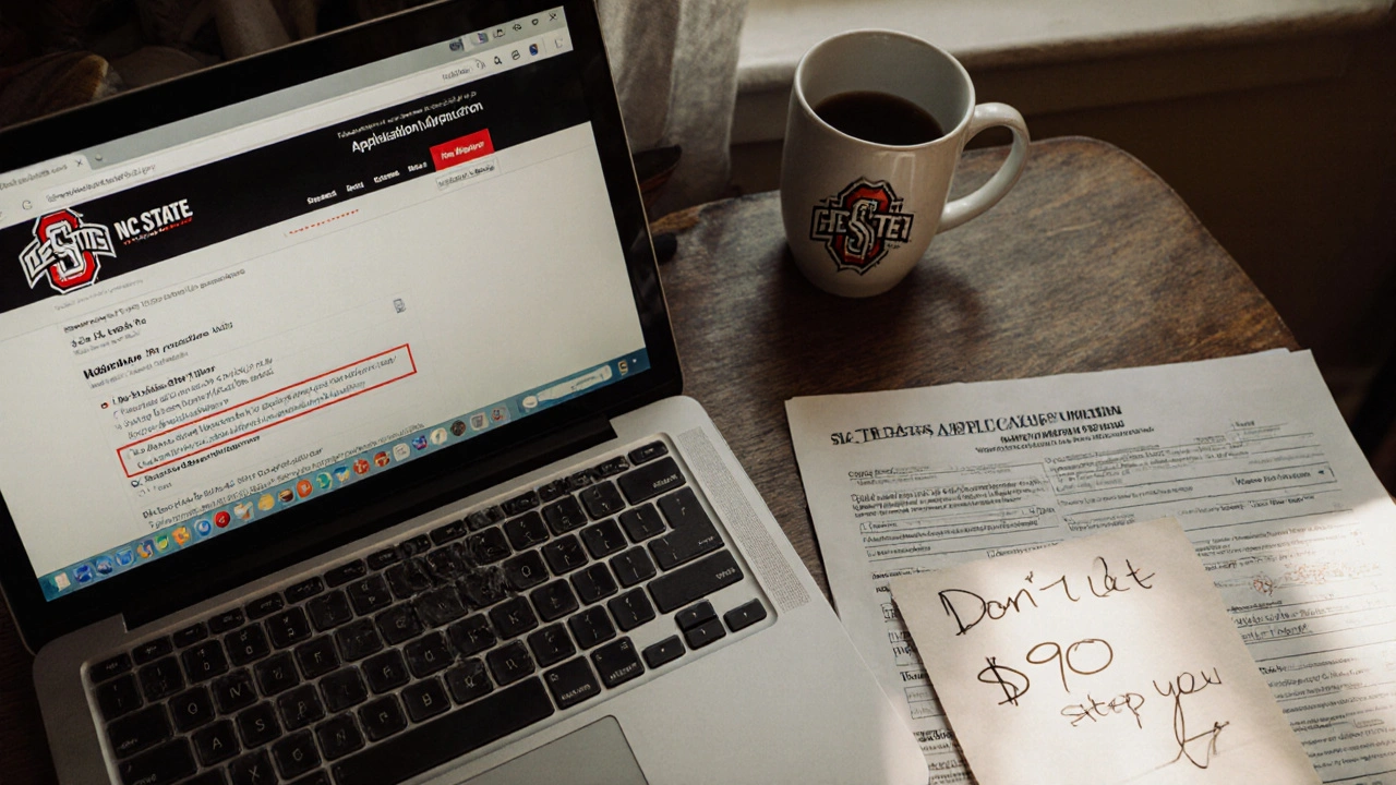 A desk with application documents and a fee waiver form on a laptop screen.