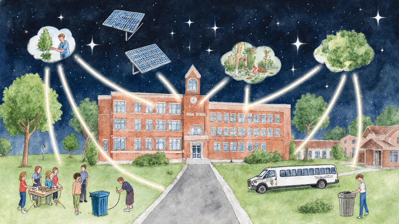 A high school as a community hub radiating green action into the neighborhood through students, gardens, and clean energy.