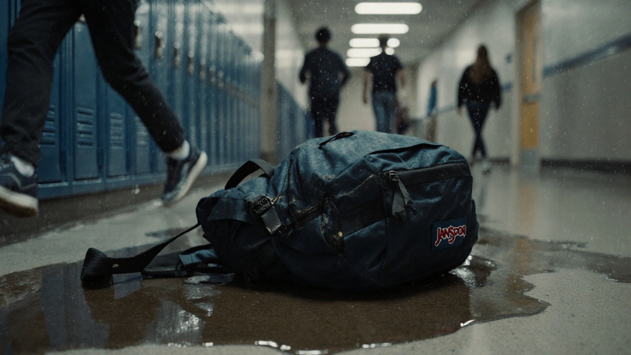 A JanSport backpack lies on a wet hallway floor after being dropped, showing durable fabric and intact zipper.