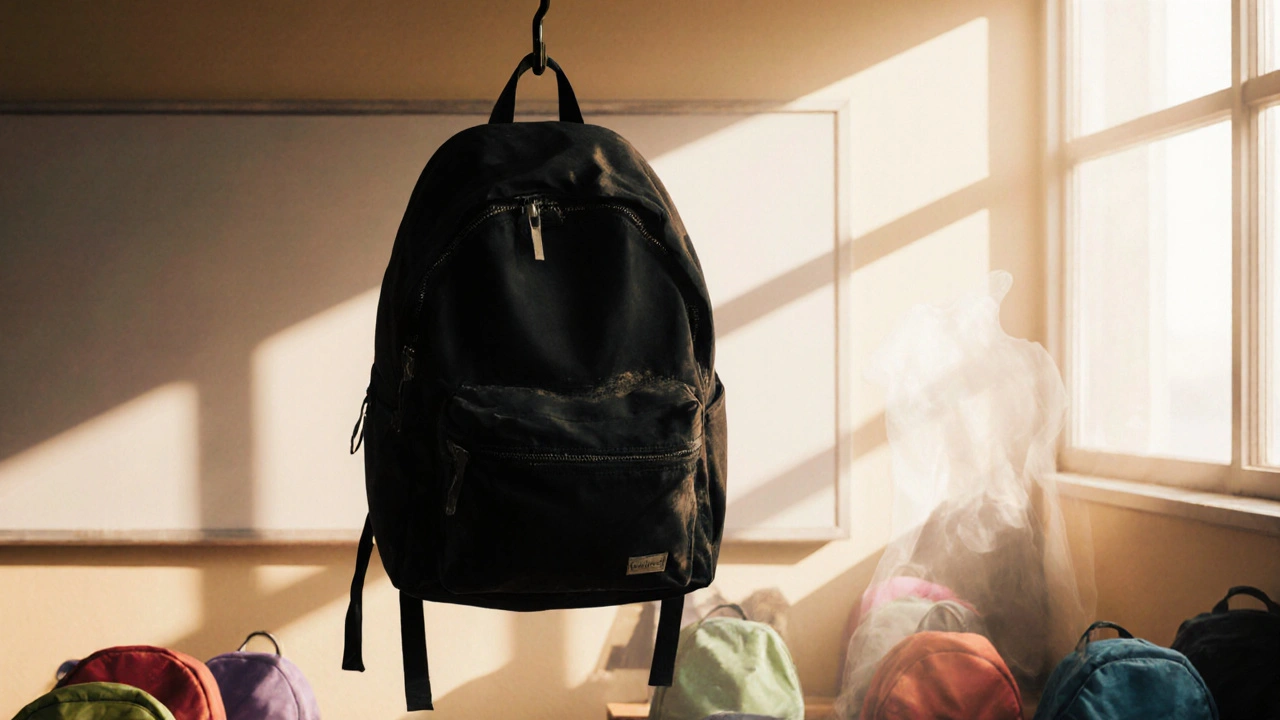 A lone black backpack hangs in an empty classroom, other colors faded away.