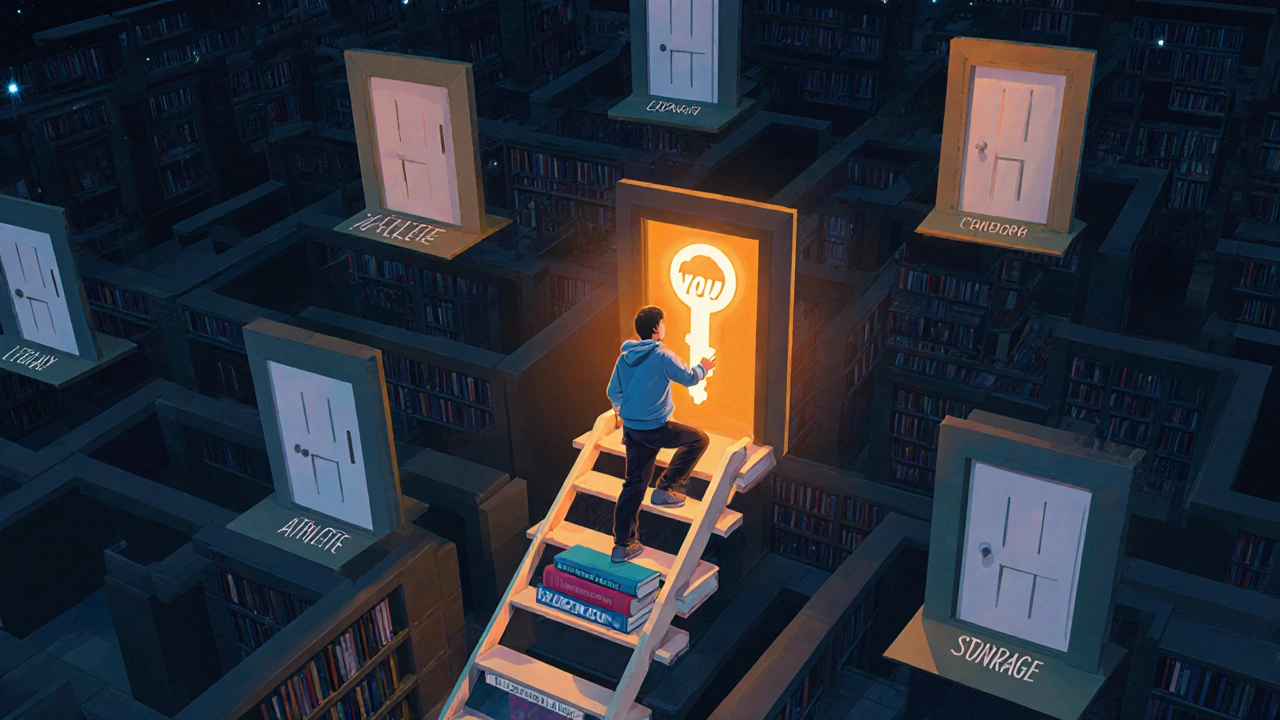 A lone student climbs a ladder of books toward a glowing key labeled &#039;You&#039; in a surreal library.