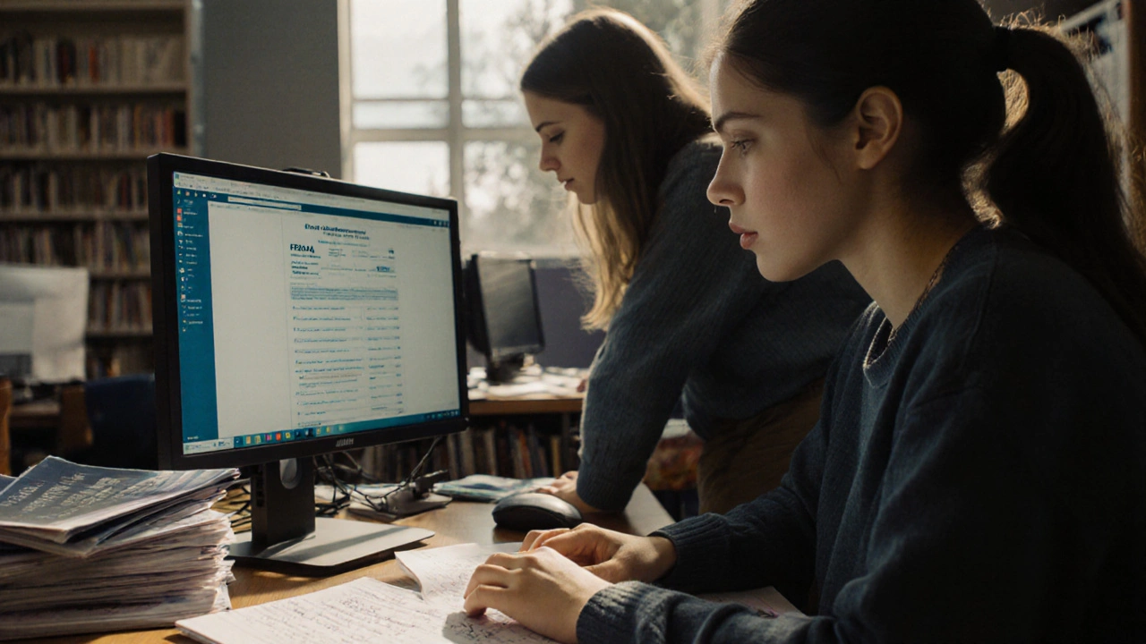 A senior student filling out a FAFSA form with counselor support during school study time.