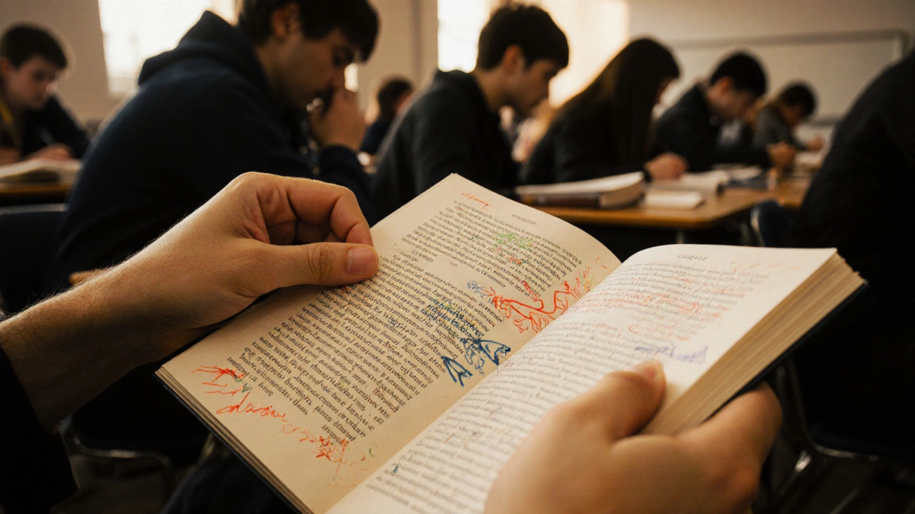 A student&#039;s hands pausing on a marked-up book page, surrounded by quiet classroom activity.