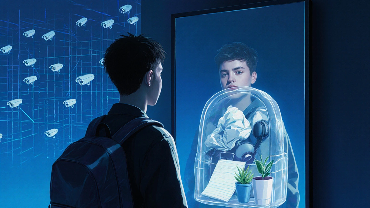 A student&#039;s reflection shows their clear backpack&#039;s contents instead of their face, surrounded by subtle surveillance cameras.
