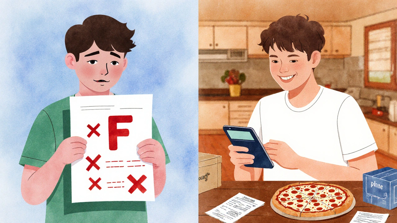 A student comparing phone plans on a phone, smiling, while a failed math test lies nearby.