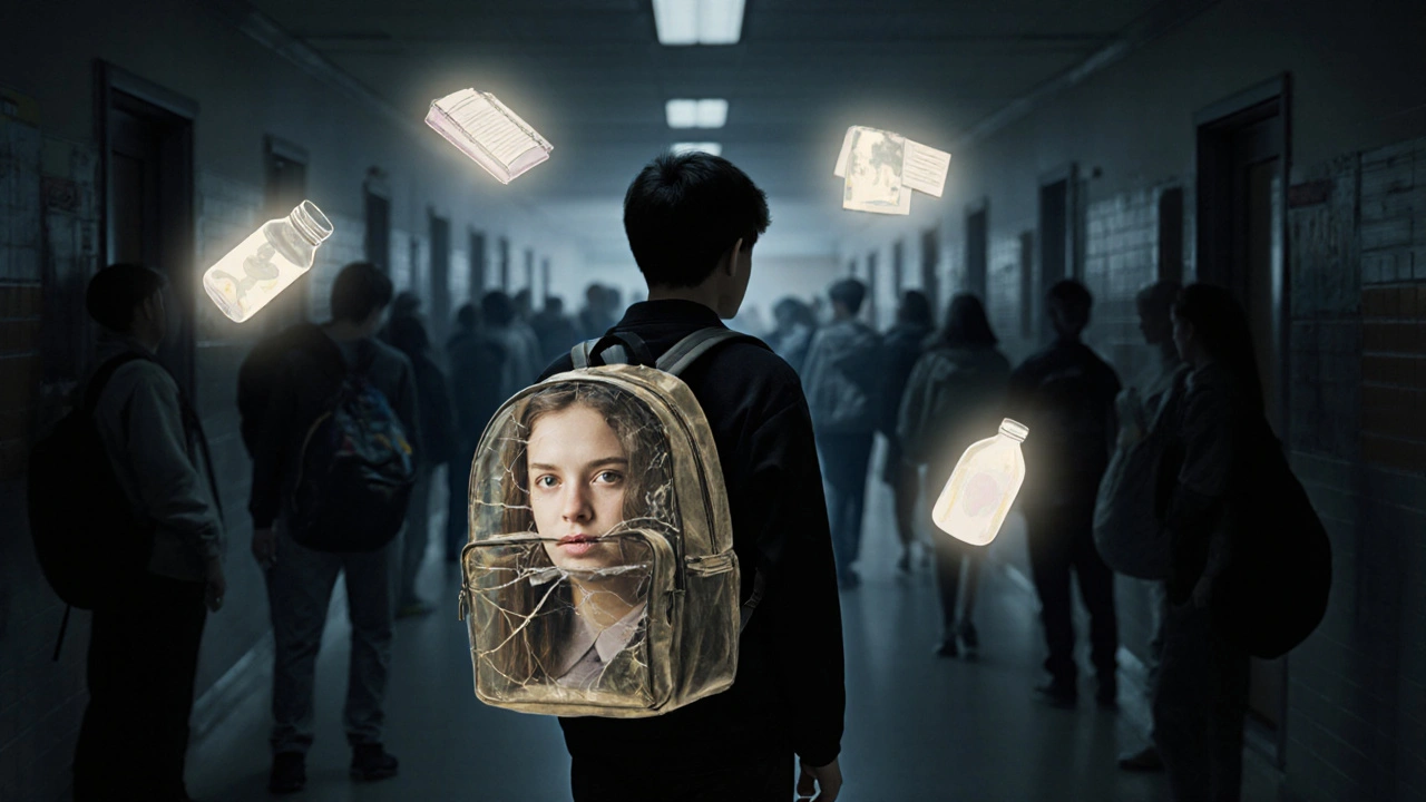 A student holds a cracked clear backpack that reflects their face, surrounded by floating personal items in a dim corridor.