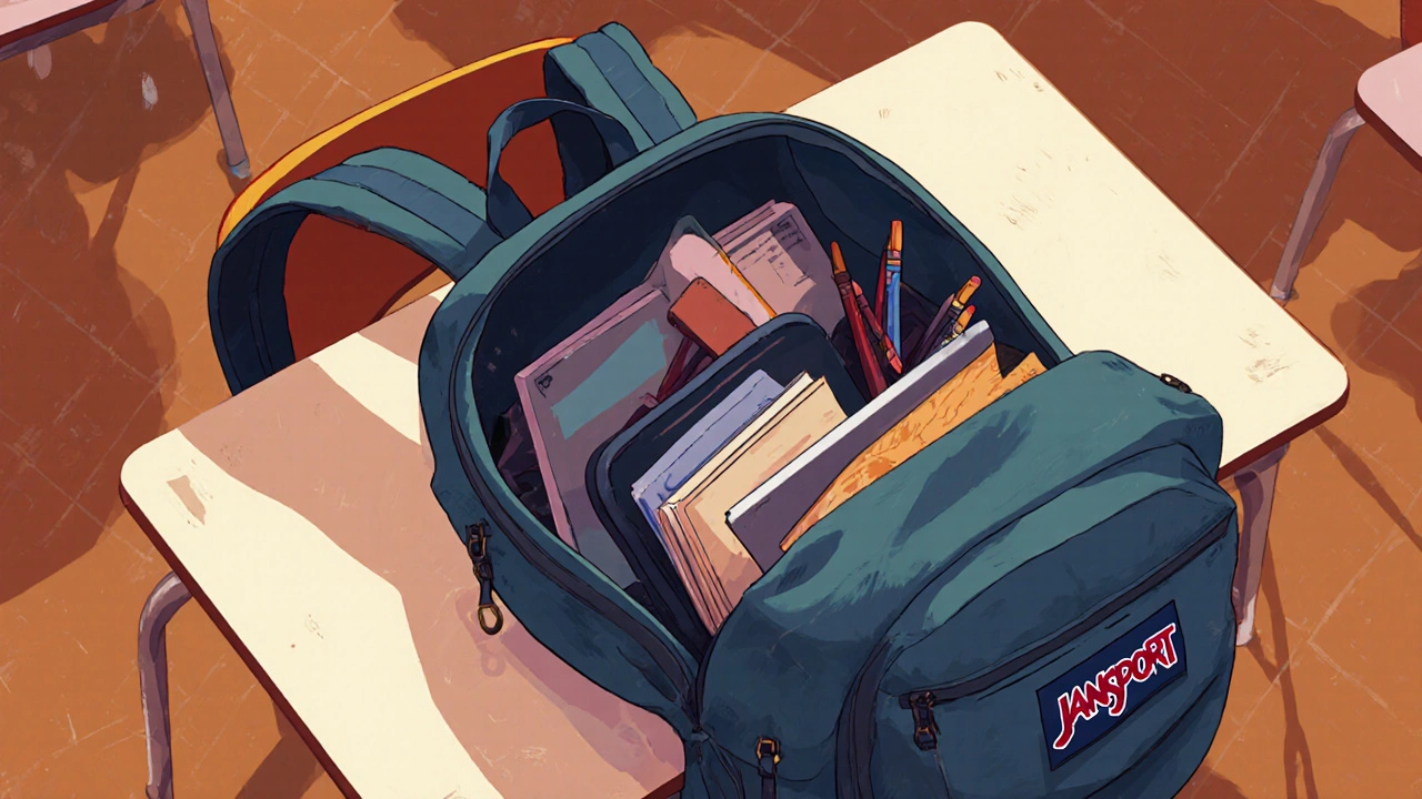 A student opening a JanSport SuperBreak backpack filled with books and school supplies.