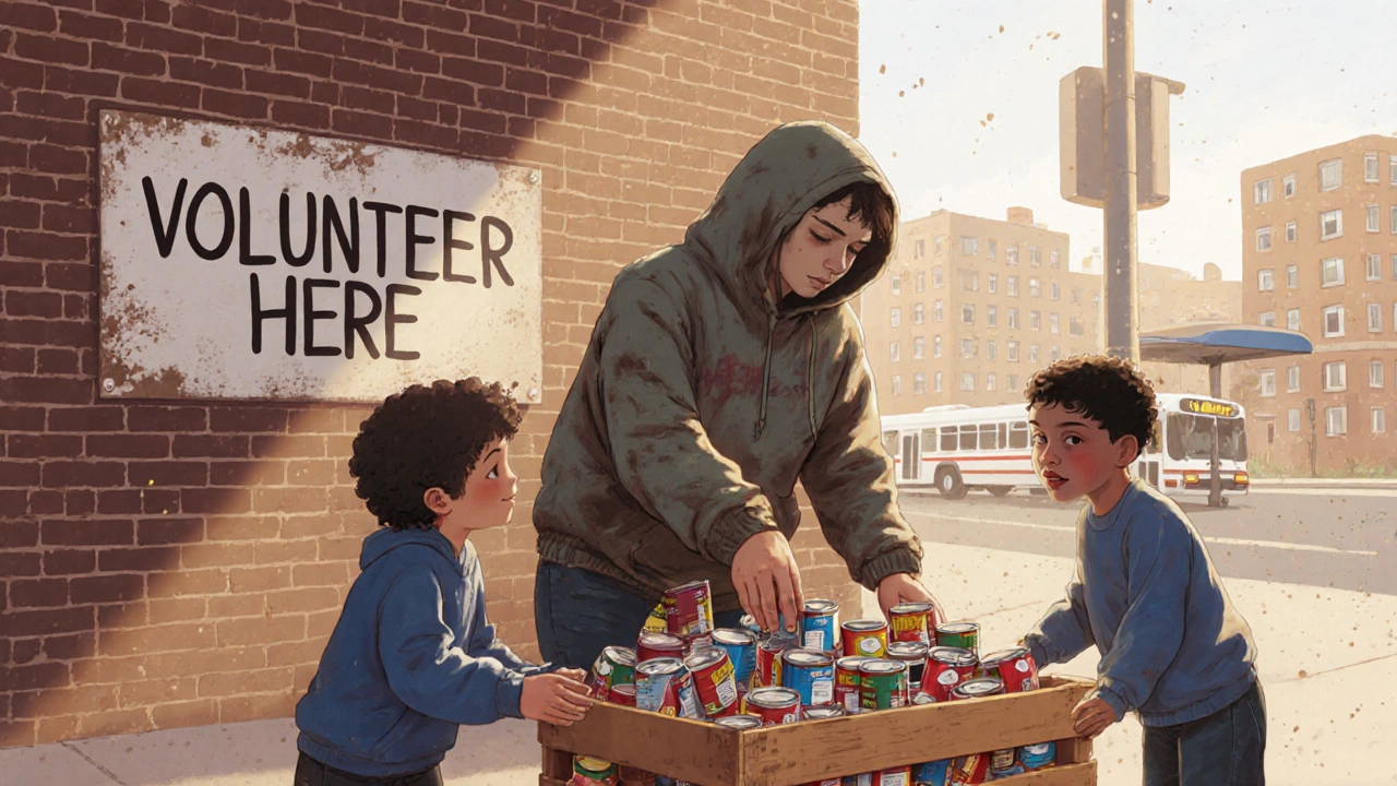A student organizing a food drive outside a public school, helping younger children stack canned goods with community support.