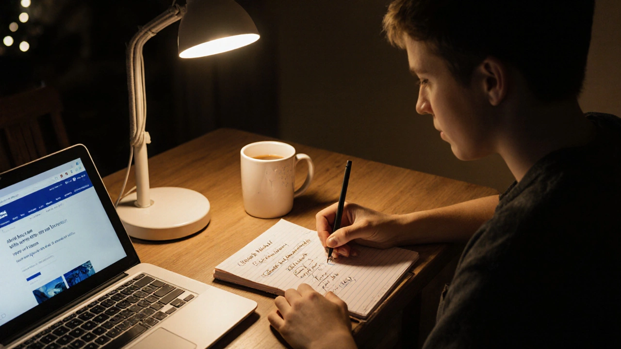 A student solving a real-life math problem at night under a desk lamp, with a parent&#039;s encouraging note nearby.
