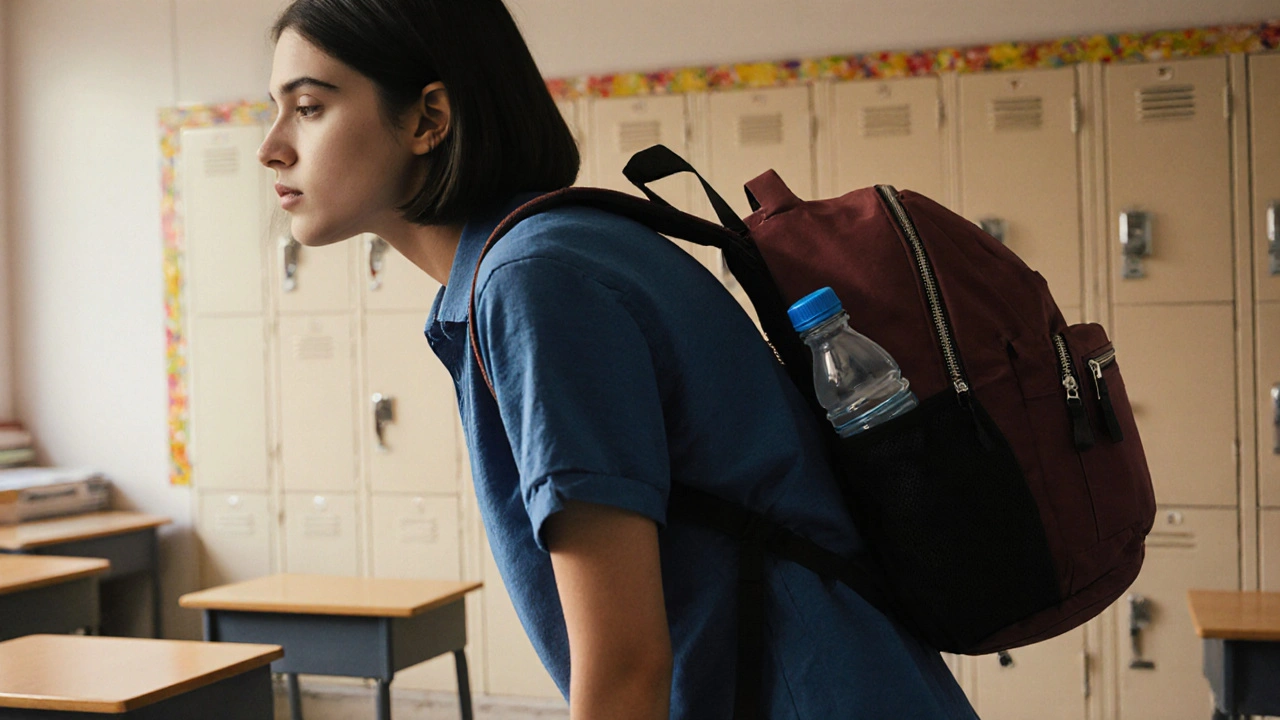 A student testing backpack fit by bending forward, showing the pack stays close to the back with no slippage.