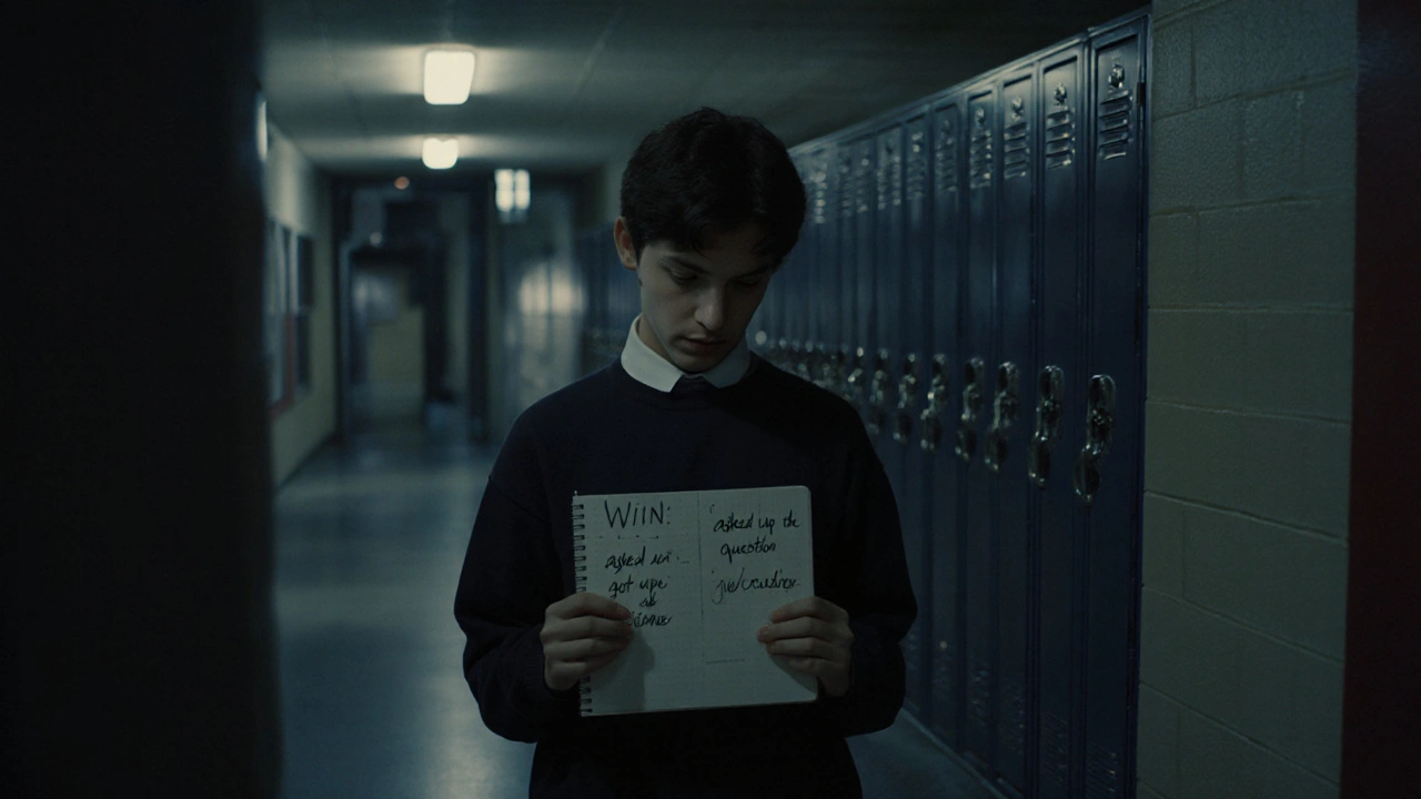 A student writing daily wins in a notebook under a dim hallway light