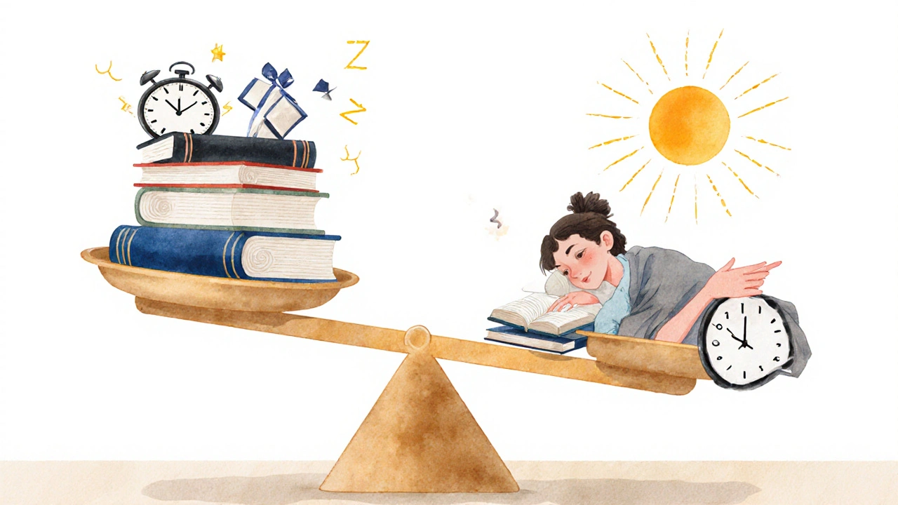 A symbolic balance scale tipped by books and exhaustion, opposite rest, sleep, and human connection in soft watercolor.