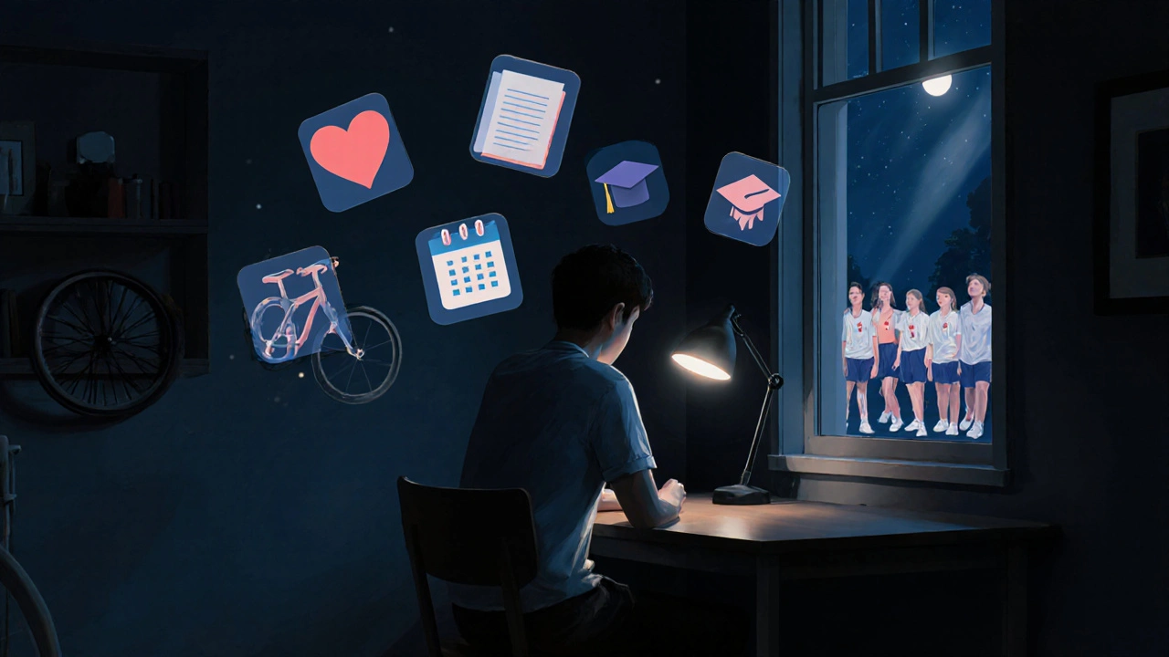 A teen at night surrounded by symbolic icons of extracurricular impact, their reflection showing leadership and personal growth.