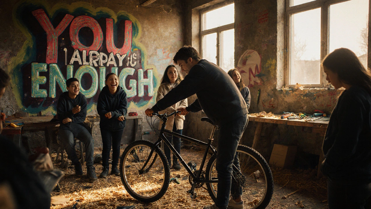 A teen fixing a bicycle in a school workshop surrounded by peers