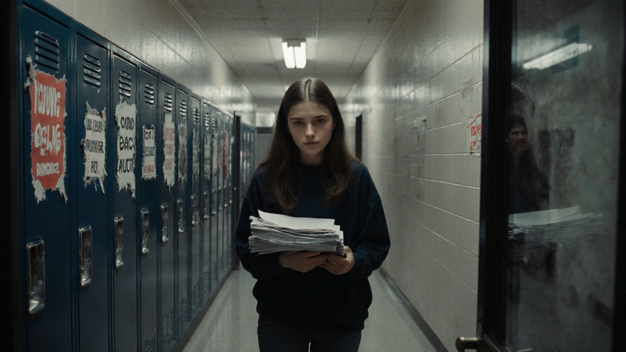 A teen walks alone down a school hallway at dawn, slumped under the weight of papers, fluorescent lights flickering above.